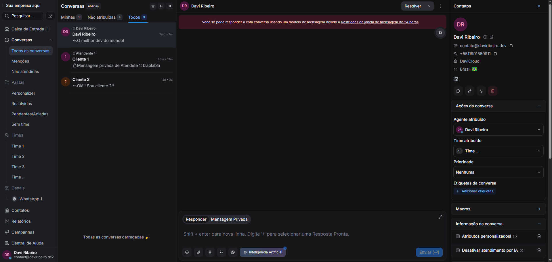 Interface do Chatwoot com inbox de atendimento